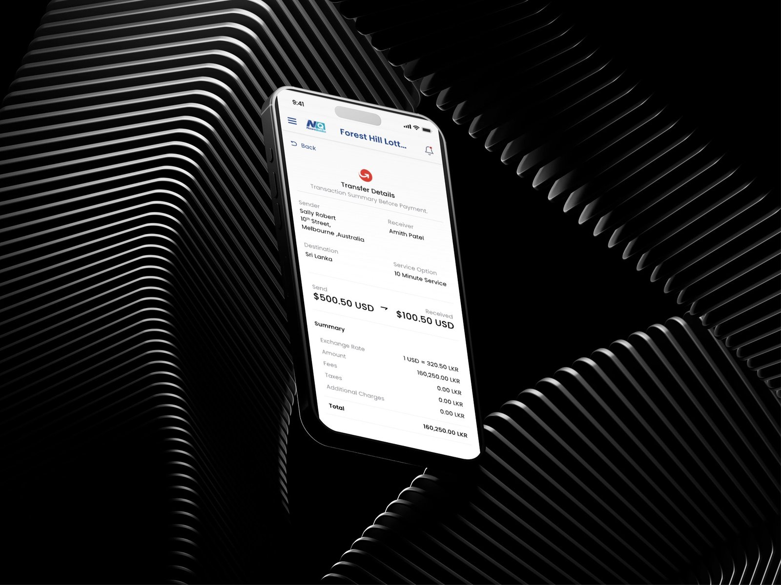 Money transfer app transaction summary