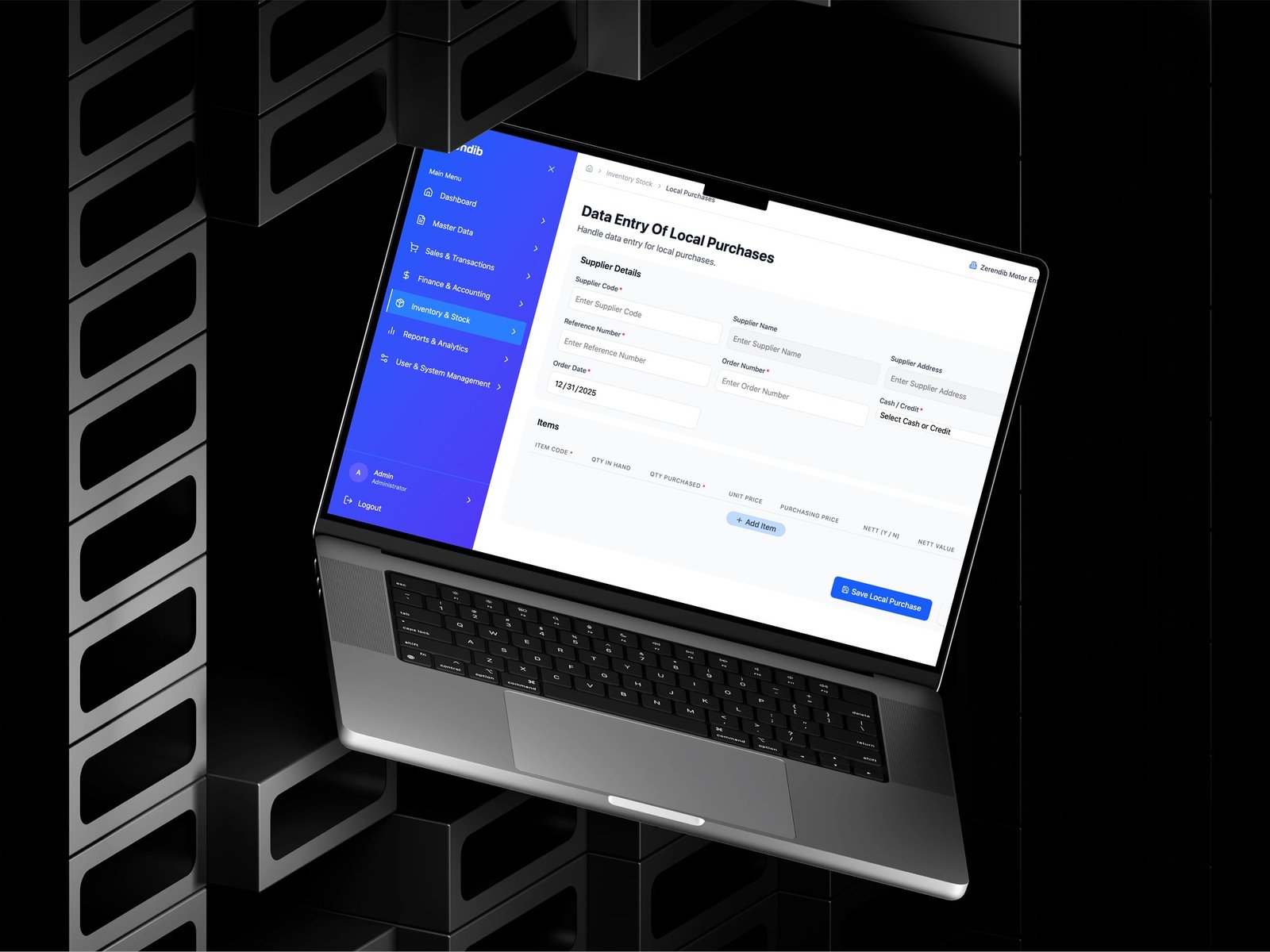 Inventory data-entry screen